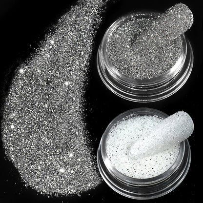 Allstarry Nail Glitter, 2 Colors Sparkling Silver Reflective Glitter Shiny White Diamond Dust Shimmery Sequins Crystal Gems for Nail Art Disco Party Nightclub Raves Festivals Concert Shows Wedding