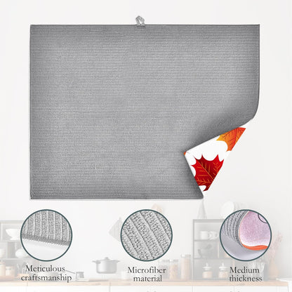 Autumn Maple Leaves Dish Drying Rack Mat for Kitchen Counter, Dish Drying Pad Absorbent Reversible Microfiber Protector for Coffee Bar Sink Countertops 18x24 Inch
