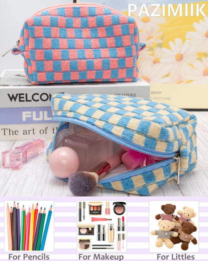 PAZIMIIK Checkered Makeup Bag for Purse Portable Zipper Make Up Pouch Small Cosmetic Case for Travel Accessories Blue Beige