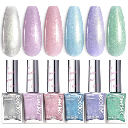 Beetles Glitter Nail Polish Set 6 Colors Glitter Fairy Gleam Quick Dry Nail Polish Shimmer Pink White Green Blue Purple Nail Lacquer Kit Fingernail Polish Diy Nail Art Gift For Women Girls