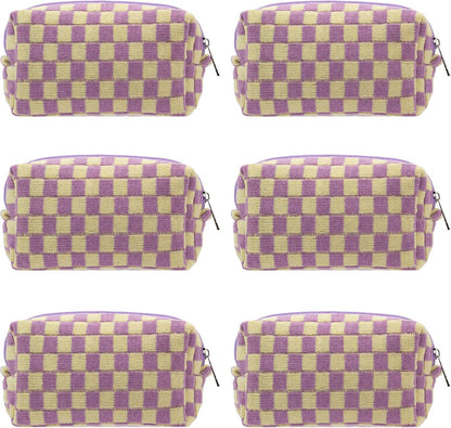 PAZIMIIK Checkered Makeup Bag for Purse Portable Zipper Make Up Pouch Small Cosmetic Case for Travel Accessories (6PCS Purple)