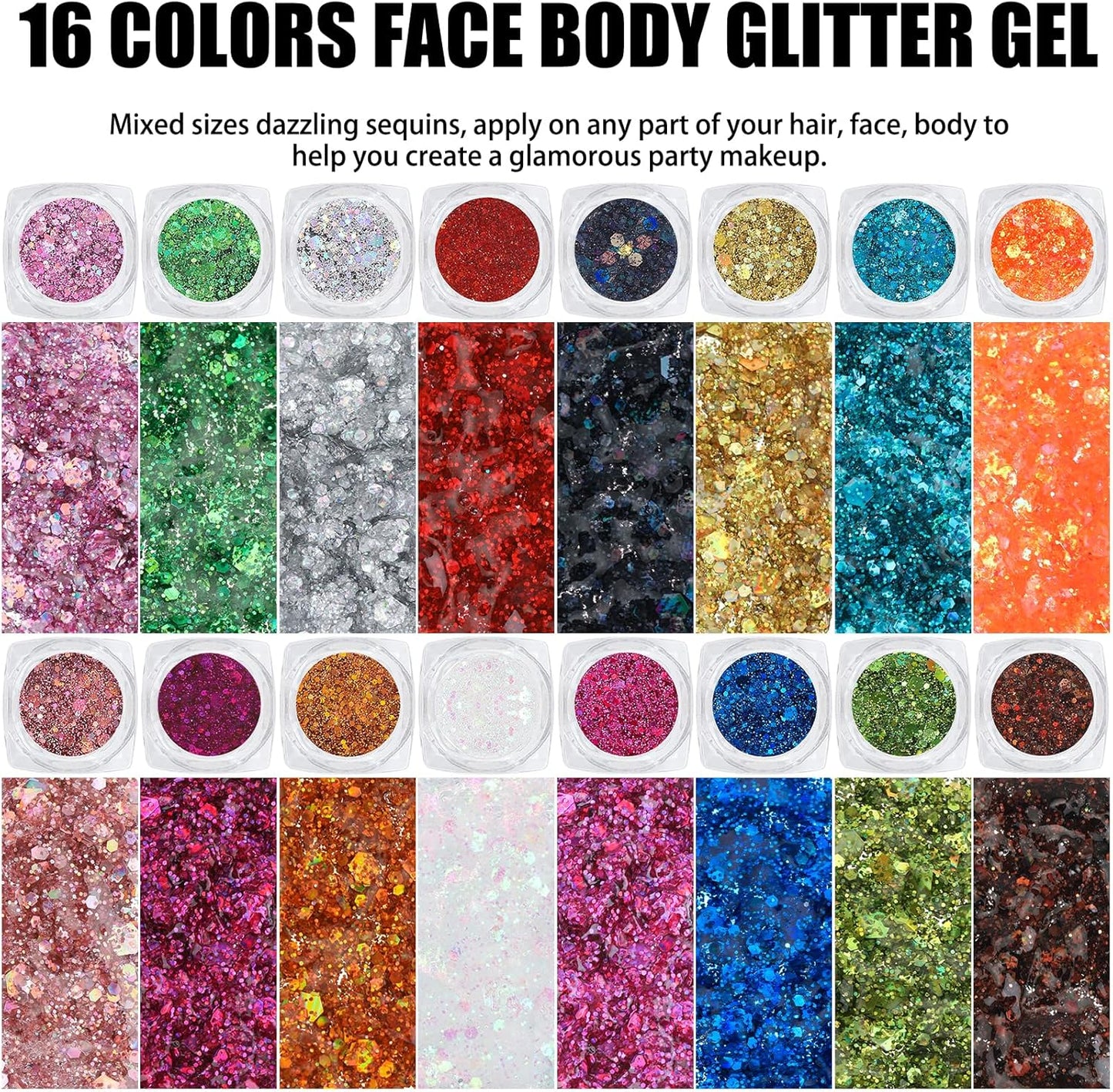 16 Colors Chunky Fine Mixed Holographic Glitter Gel Set for Face and Body Makeup Festival Party Sparkle Glitter Gel Decoration Rave Accessories