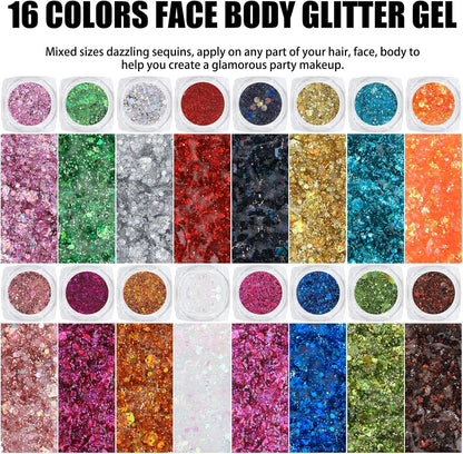 16 Colors Chunky Fine Mixed Holographic Glitter Gel Set for Face and Body Makeup Festival Party Sparkle Glitter Gel Decoration Rave Accessories