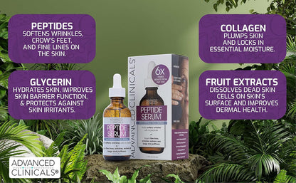 Advanced Clinicals 6X Concentrate Peptides Serum For Face | Hydrating + Firming Anti Wrinkle Collagen Peptide Moisturizer Face Oil W/Vitamin E For Wrinkles, Puffiness, & Uneven Skin Tone, 1.75 Fl Oz