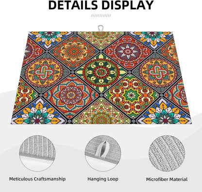 Retro Dish Drying Mat for Kitchen Counter Mandala Colorful Dish Drainer Rack Mats Boho Decor Washable Absorbent Reversible Microfiber Drying Pad Kitchen Accessories 18"x24"
