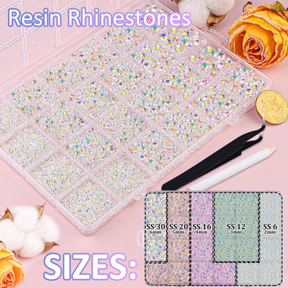 30000Pcs Resin Jelly Rhinestones with Tweezers for Crafting, Transparent AB Flatback Gems, Bedazzling Crystal with 3Pcs 10ml B7000 Jewelry Glue for DIY Crafts Clothing Tumblers Shoes Fabric Nail Art