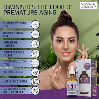 Advanced Clinicals 6X Concentrate Peptides Serum For Face | Hydrating + Firming Anti Wrinkle Collagen Peptide Moisturizer Face Oil W/Vitamin E For Wrinkles, Puffiness, & Uneven Skin Tone, 1.75 Fl Oz