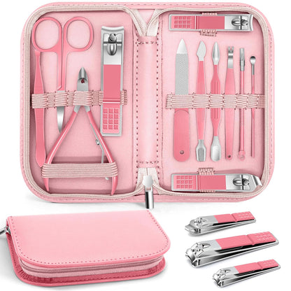 BLESWIN Manicure Pedicure Set, 12 Pcs Nail Care Kit for Women, Mens Nail Grooming Kit, Manicure & Pedicure Tools & Accessories, Pink Nail Kit Manicure Set Luxury Leather Case for Home Salon Use