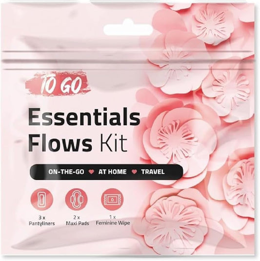 Essential Flows Kit – 3 Pantiliners, 2 Maxi Pads & 1 Feminine Wipe in Compact Zip Bag – Thin, Light, and Travel-Ready for Women & Girls – Single Pack (Pink)