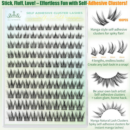 Self Adhesive Eyelashes Manga Lash Clusters 10MM-16MM No Glue Needed Eyelash Clusters Wispy Self Adhesive Lash Extensions Spiky Pre Glued Eyelash Extensions 100Pcs