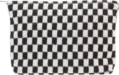 PAZIMIIK Knitted Checkered Makeup Bag Large Zipper Make Up Accessory Pouch for Purse Cosmetic Brush Bag for Travel Essential,Black