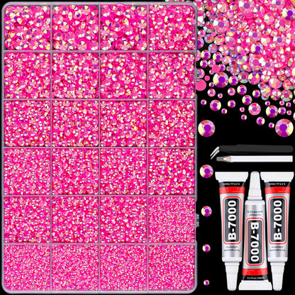 25000Pcs Resin Jelly Rhinestones with Tweezers for Crafting, Hot Pink AB Flatback Gems, Bedazzling Crystal with 3Pcs 10ml B7000 Jewelry Glue for DIY Crafts Clothing Tumblers Shoes Fabric Nail Art
