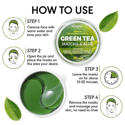 Green Tea Under Eye Patches for Wrinkles and Eye Bags - Eye Masks for Dark Circles and Puffiness with Collagen, Hyaluronic Acid - Under Eye Mask for All Skin Types, 30 Pairs
