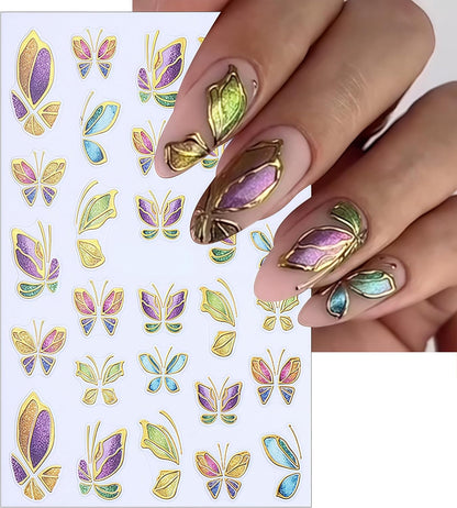 8 Sheets Gold Edge Butterfly Nail Stickers 3D Self Adhesive Holographic Colorful Butterfly Cherry Blossoms Decals Spring Glitter Gold Flower Design Supplies for Women Girls Manicure Decoration