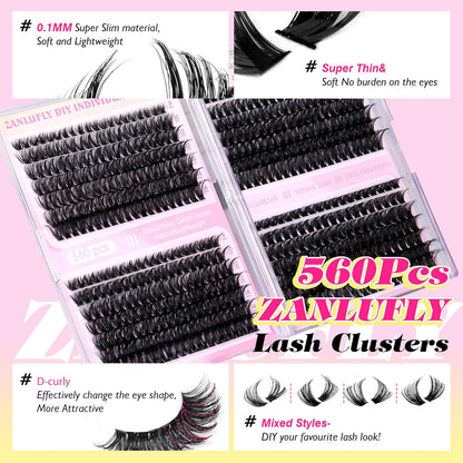 Lash Clusters D-Curly Individual Lashes Volume Eyelash Clusters Bulk zanlufly Thick Lash Extension 560Pcs Natural DIY Eyelash Extension (9-16MM,60D+70D+80D+100D)