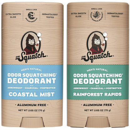 Dr. Squatch Natural Deodorant for Men - Odor-Squatching Aluminum Free - Coastal Mist & Rainforest Rapids (2.65 oz, 2-Pack)