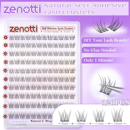 Natural Self Adhesive Clusters Lashes No Glue Self Adhesive Wispy Cluster Eyelashes Extensions Pre-glued Lashes Cluster Reusable C-Curly Individual Lashes 9-12mm Press on Lash by zenotti