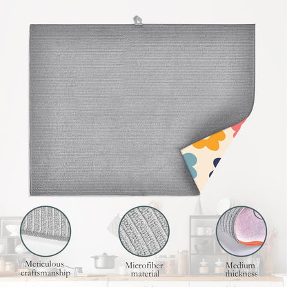 Vintage Groovy Flowers Dish Drying Rack Mats Decor,Colorful Daisy Dish Pad Drying Mat Kitchen Counter 18x24 Inch Absorbent Reversible Microfiber for Coffee Bar Sink Countertop