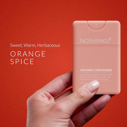 Noshinku - Refillable Hand Sanitizer Orange Coriander 3-Pack, Travel Size Spray, Hydrating Botanical Oils, Natural Ingredients, All Natural Fragrances, Sugarcane Derived Alcohol, No Parabens, No Dyes