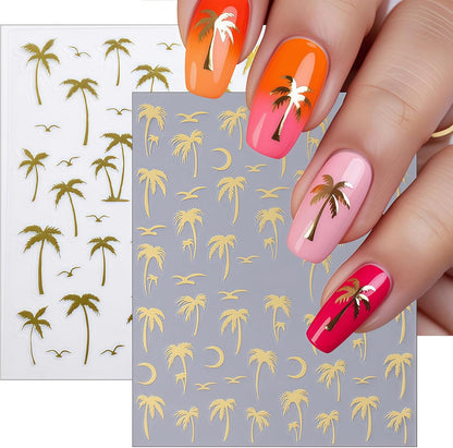 8 Sheets Tropical Palm Tree Nail Art Stickers Coconut Trees Decals Multi-Color Holographic Gradient Design with Birds and Moon Summer Beach Theme Sliders for Women Manicure Decorations