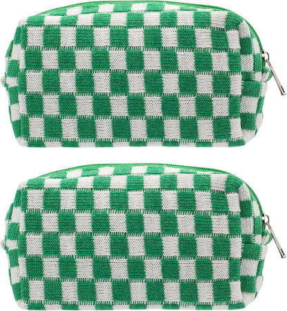 PAZIMIIK Checkered Makeup Bag for Purse Portable Zipper Make Up Pouch Small Cosmetic Case for Travel Accessories (2PCS Green)