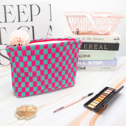 PAZIMIIK Knitted Checkered Makeup Bag Large Zipper Make Up Accessory Pouch for Purse Cosmetic Brush Bag for Travel Essential Magenta Green
