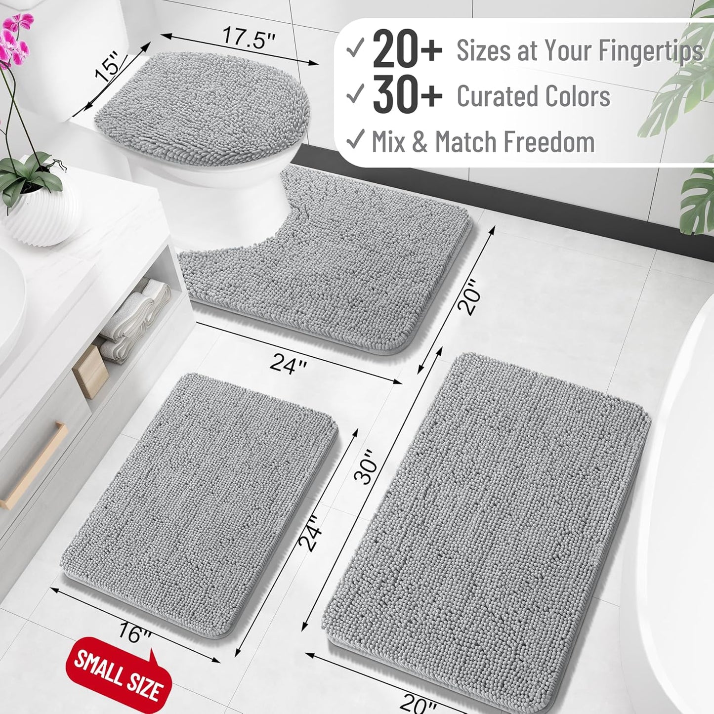 OLANLY Bathroom Rugs 24x16, Extra Soft Absorbent Chenille Bath Rugs, Rubber Backing Quick Dry, Machine Washable Bath Mats for Bathroom Floor, Tub and Shower, Home Decor Accessories, Light Grey