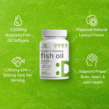 DEAL SUPPLEMENT Omega 3 Fish Oil Supplements, 3,000mg Per Serving, 240 Softgels – EPA 1,200mg + DHA 900mg – Burpless Pills, Lemon Flavored, Wild Caught – Brain & Heart Support – Mercury Free, Non-GMO