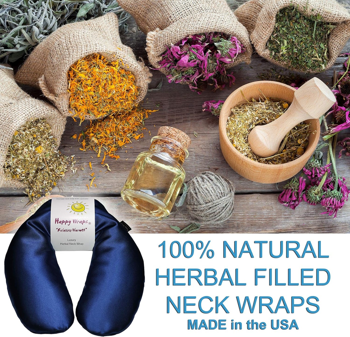 Microwavable Herbal Neck Wrap - Hot Cold Aromatherapy Neck Warming Pillow - Heating Pad for Migraines, Stress, Gifts for Women, Birthdays, Christmas and Free Sleep Mask - Sapphire Satin