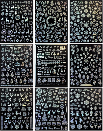 9 Sheets Aurora Christmas Nail Art Stickers Decals Self-Adhesive Pegatinas Uñas Glitter Rose Gold Snowflakes Winter Nail Supplies Nail Art Design Decoration Accessories