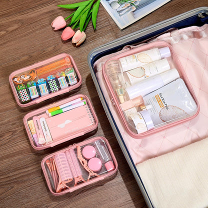 4 pcs Clear Zipper Pouches,Hard Shell Zipper Case, Toiletry Bag for Travel, CLear Diaper Bag, Toiletry Pouch, Travel Organizer, Clear Cosmetic Bag,Toy Storage Bins (M+3S) (Light Pink)
