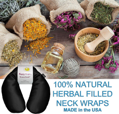 Microwavable Herbal Neck Wrap - Hot Cold Aromatherapy Neck Warming Pillow - Heating Pad for Migraines, Stress, Gifts for Women, Birthdays, Christmas and Free Sleep Mask - Onyx Satin