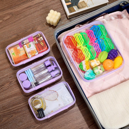 4 pcs Clear Zipper Pouches,Hard Shell Zipper Case, Toiletry Bag for Travel, CLear Diaper Bag, Toiletry Pouch, Travel Organizer, Clear Cosmetic Bag,Toy Storage Bins (M+3S) (Lavender)