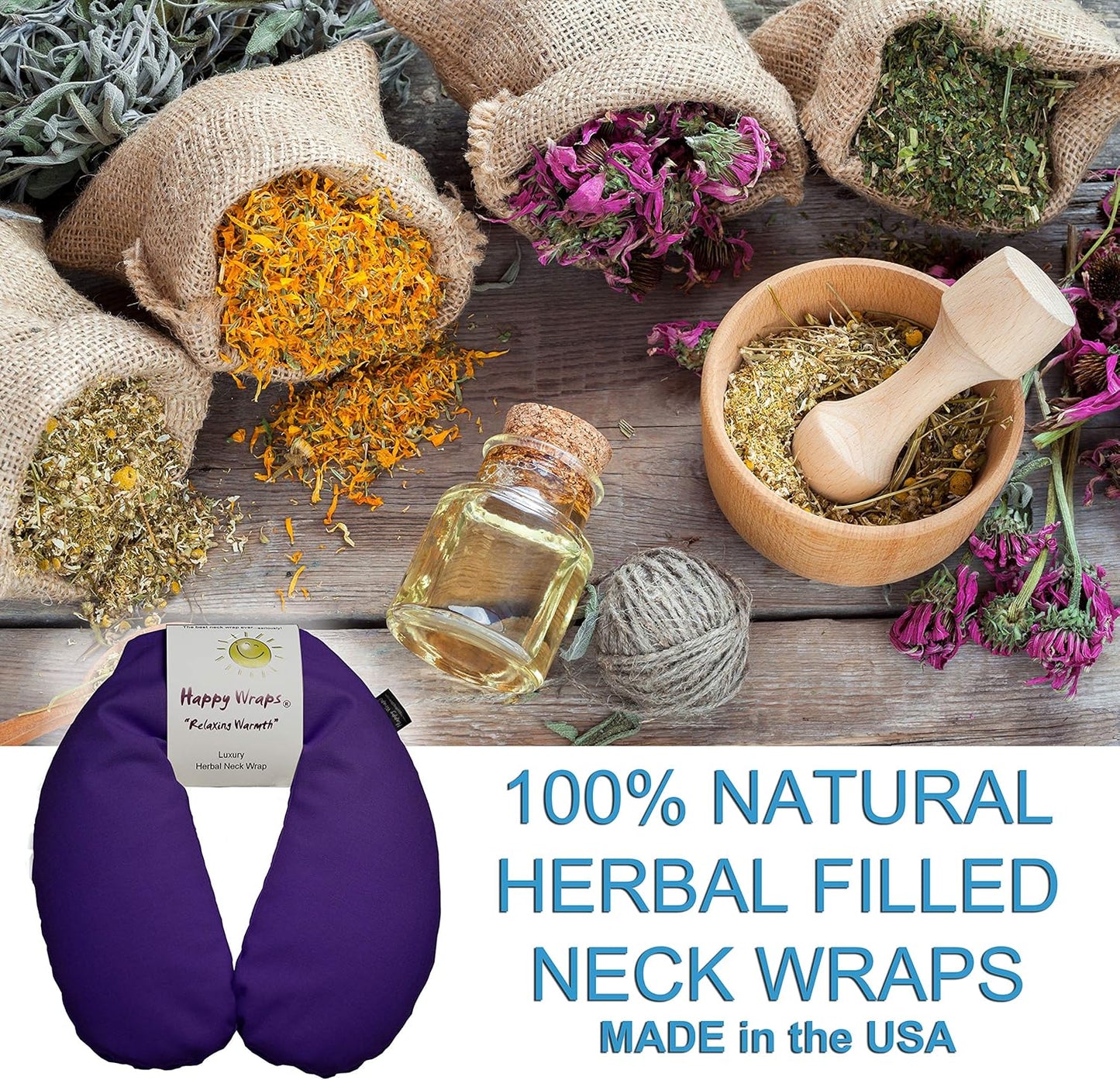 Microwavable Herbal Neck Wrap - Hot Cold Aromatherapy Neck Warming Pillow - Heating Pad for Migraines, Stress, Gifts for Women, Birthdays, Christmas and Free Sleep Mask - Purple Cotton