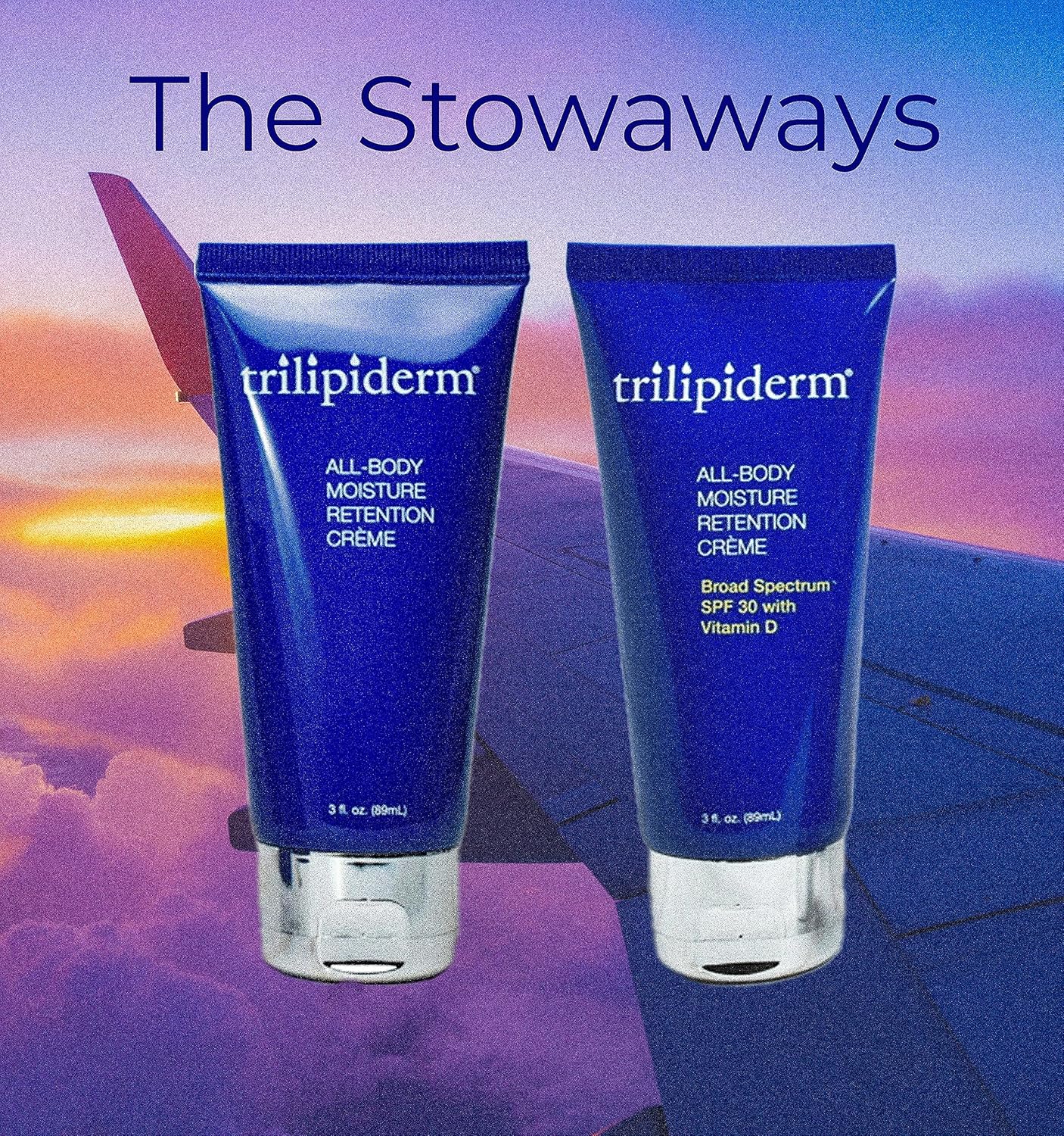 Trilipiderm Travel Size Moisturizer Sunscreen 3oz – The Stowaways Overnight, Travel Size, Getaway – Hydration for Body and Face 1 x SPF 30 Sunblock and 1 x All-Body Moisturizer