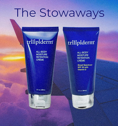 Trilipiderm Travel Size Moisturizer Sunscreen 3oz – The Stowaways Overnight, Travel Size, Getaway – Hydration for Body and Face 1 x SPF 30 Sunblock and 1 x All-Body Moisturizer